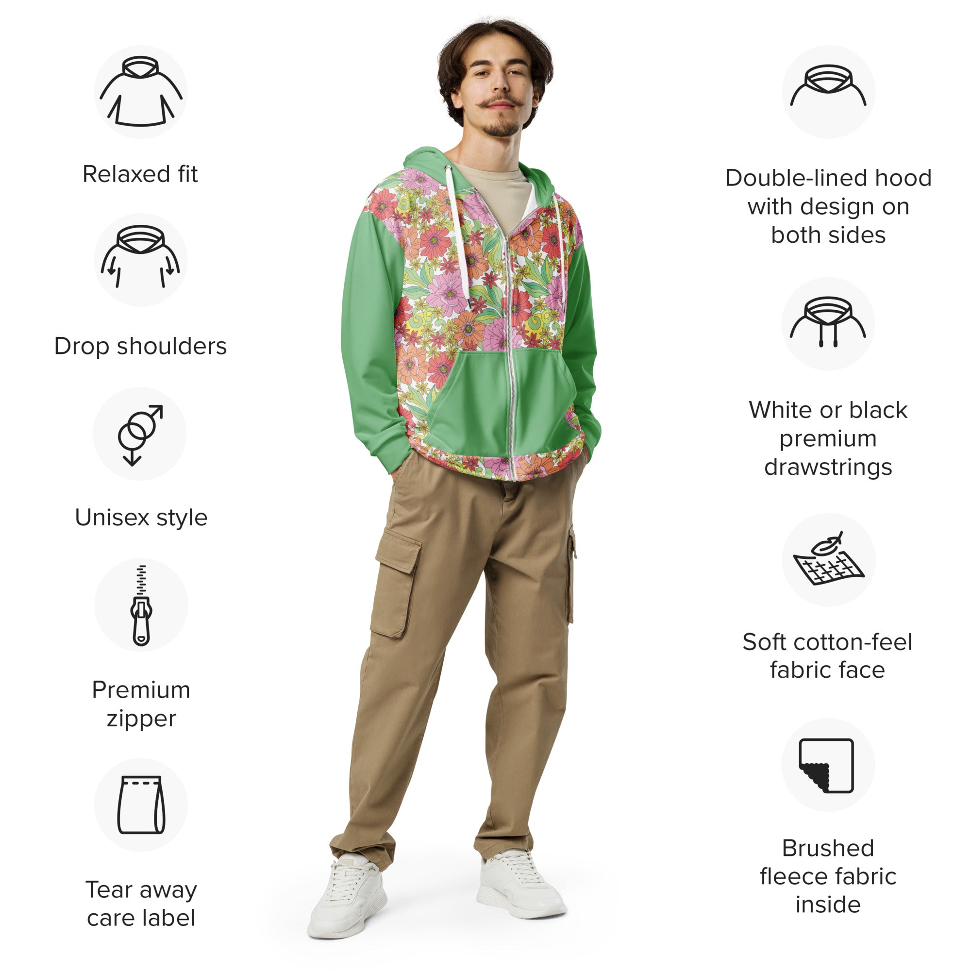 Retro 60's 70's Style Flower Power Green Unisex zip hoodie Vintage Style zippered sweatshirt with hood