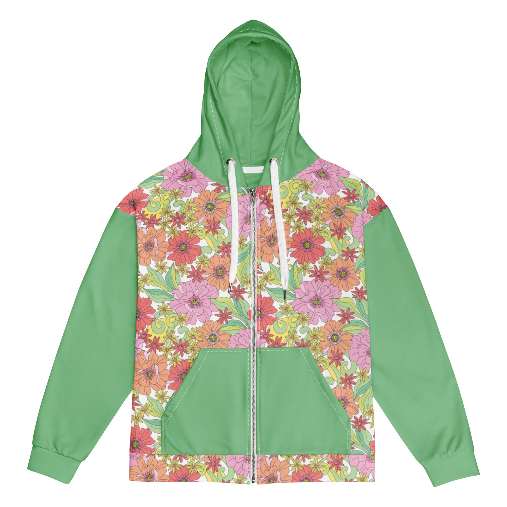 Retro 60's 70's Style Flower Power Green Unisex zip hoodie Vintage Style zippered sweatshirt with hood