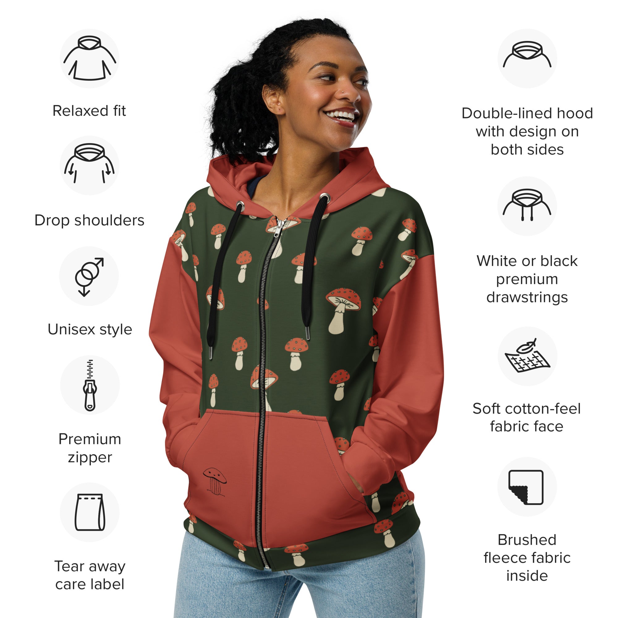 Woodsy Mushrooms Unisex zip hoodie Green Red zippered sweatshirt with hood