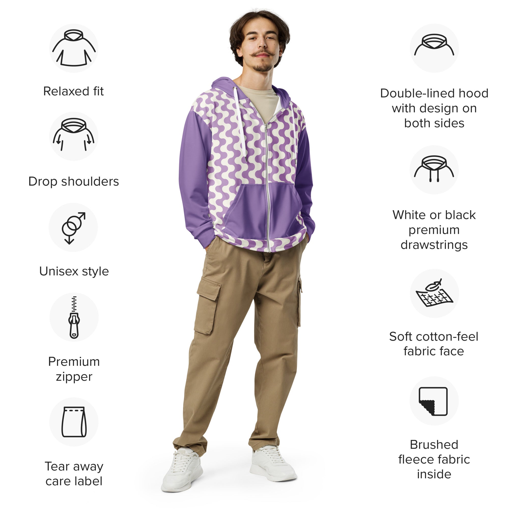 Purple Waves Long Sleeve Unisex zip hoodie with Pockets