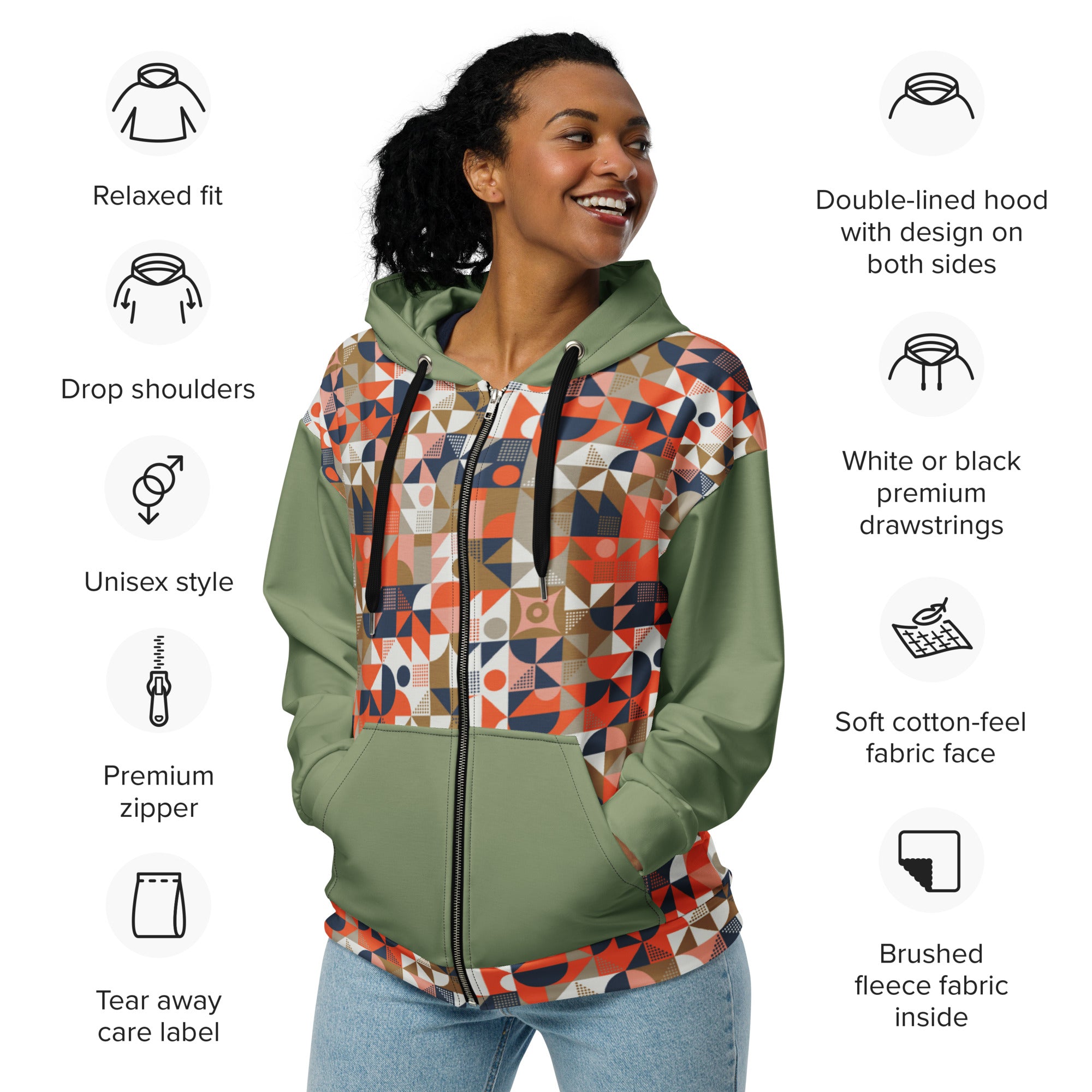 Green Geometric Long Sleeve Unisex zippered hoodie with pockets