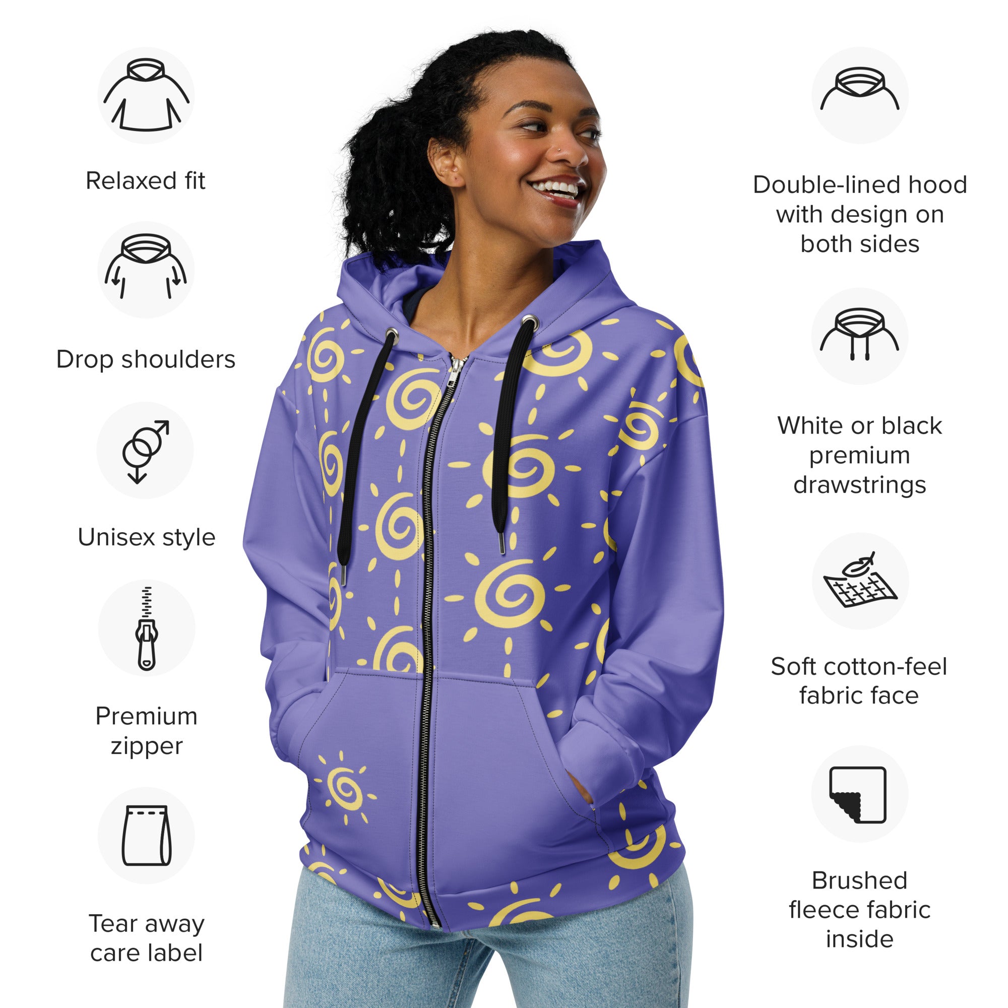 Purple Sunshine Swirl Unisex zippered Long Sleeve hoodie with Pockets
