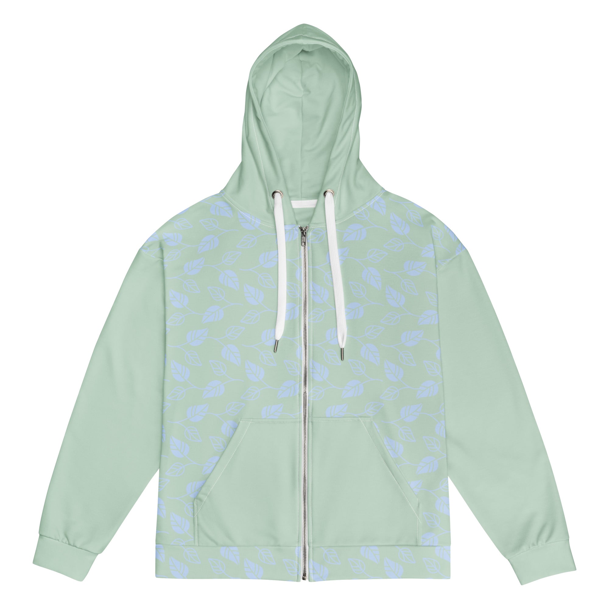 Spring Green Blue Leaves Unisex zippered long sleeve hoodie with hood