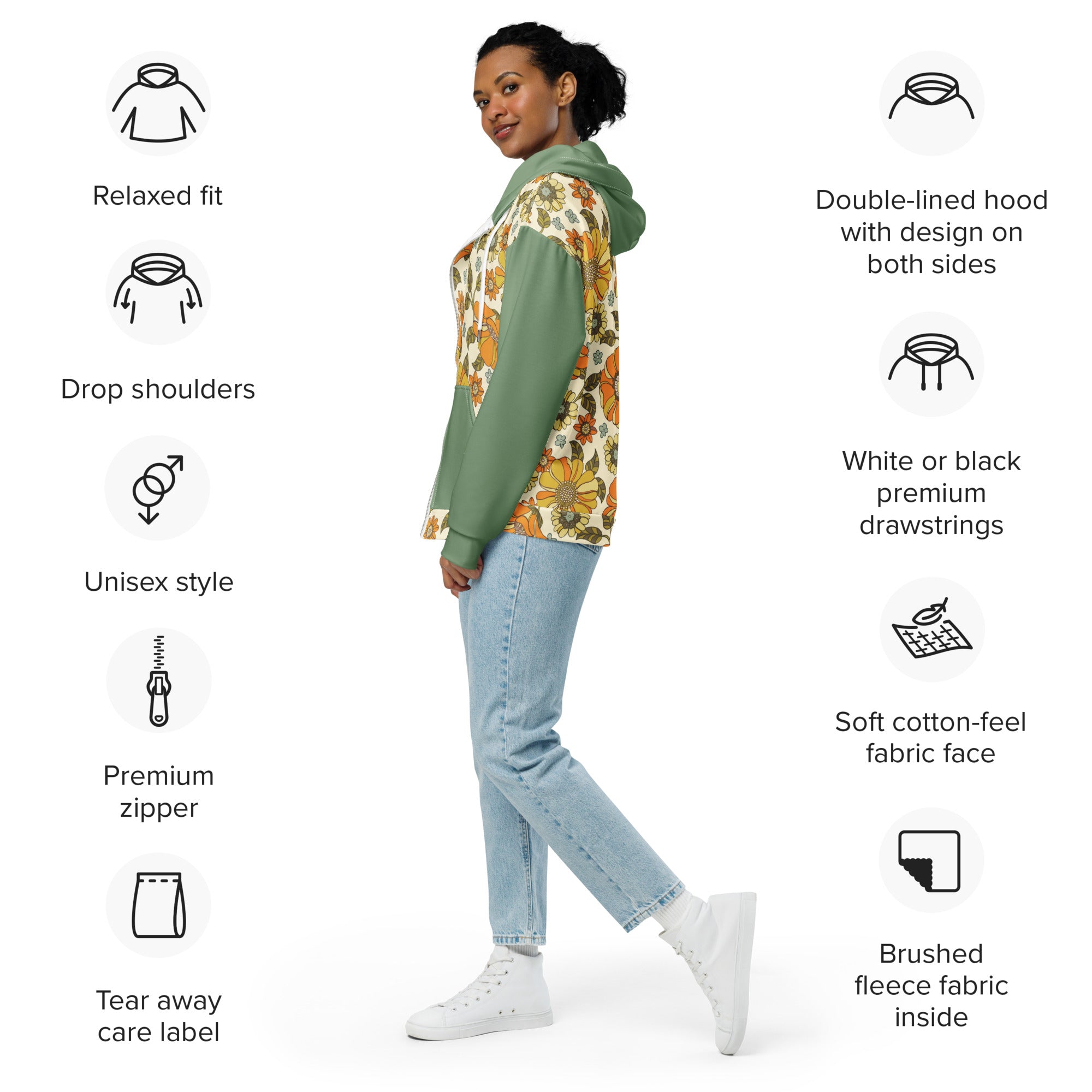 Retro 60's 70's Style Flower Power Unisex zip hoodie Vintage Style zippered sweatshirt with hood