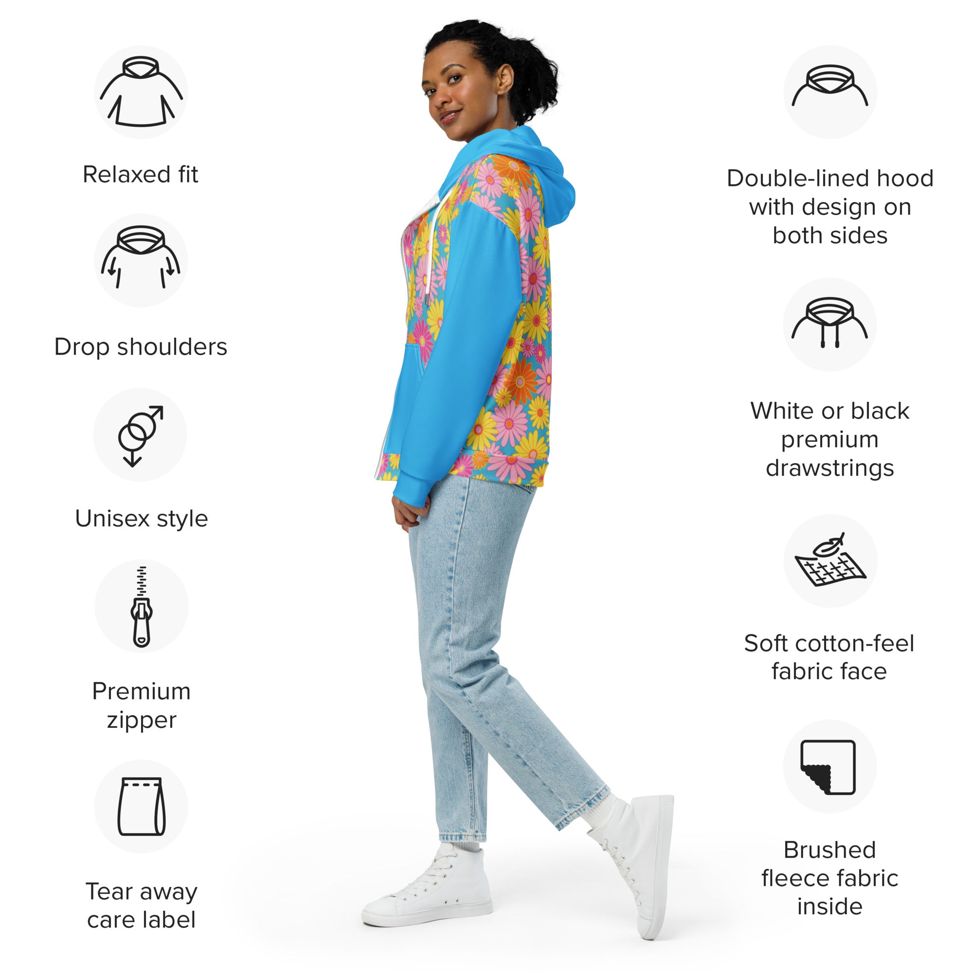 Retro 60's 70's Style Flower Power Blue Unisex zip hoodie Vintage Style zippered sweatshirt with hood