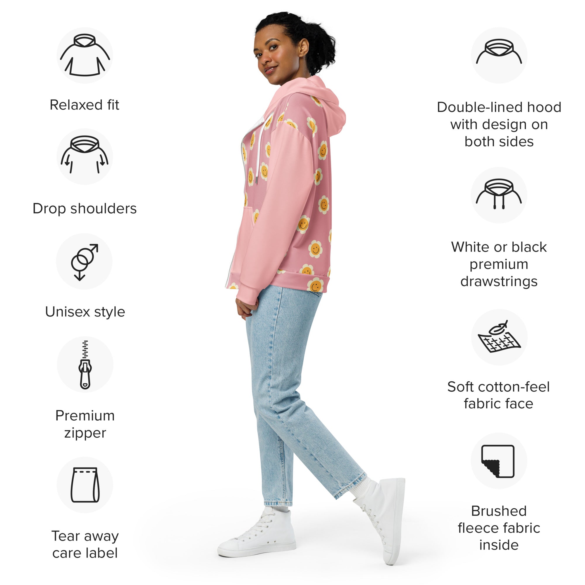 Sunshine Daisies Smiley Faces Unisex zip hoodie Pink and Yellow zippered sweatshirt with hood