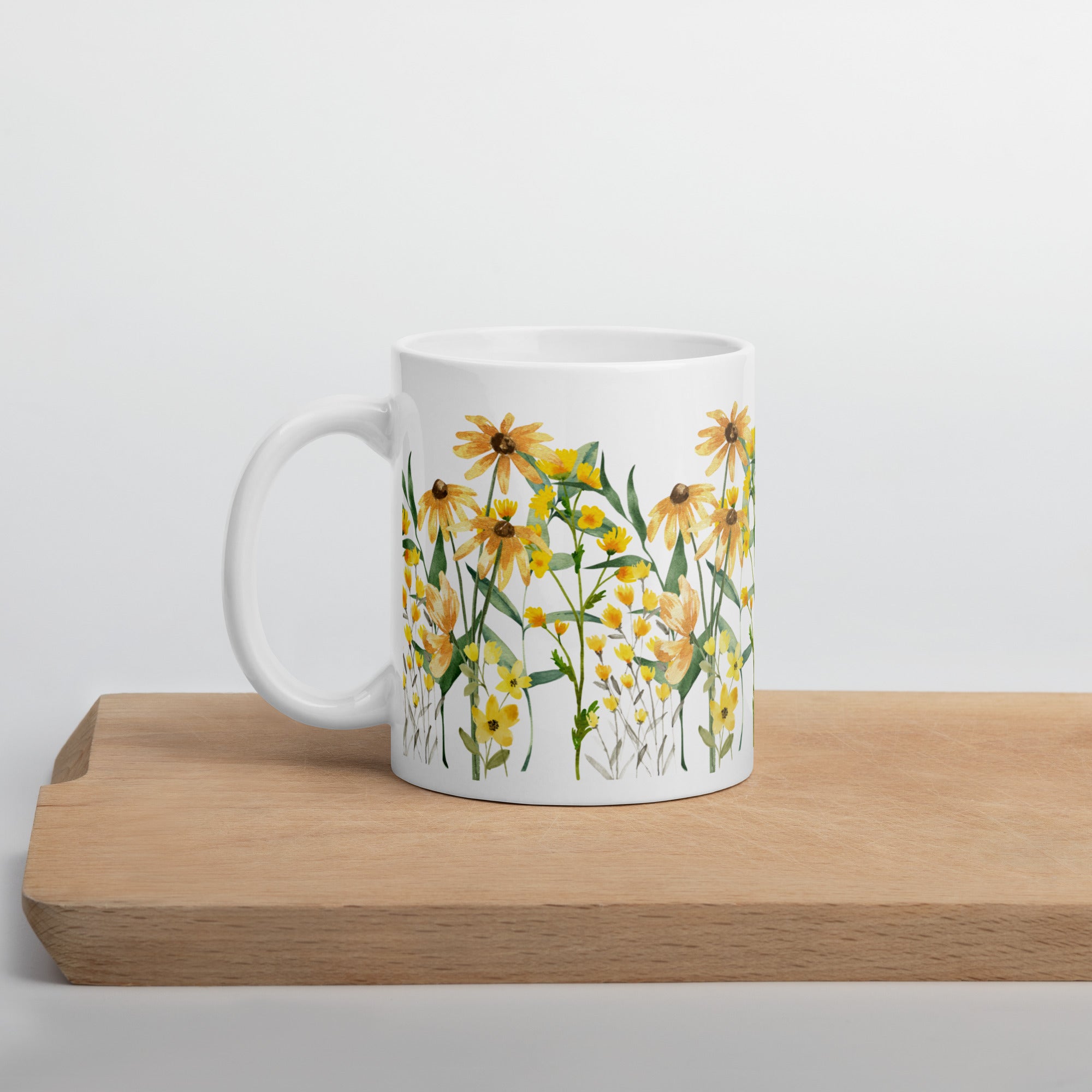 Pressed Wildflowers Yellow Meadow Flowers Ceramic White glossy mug gift for someone who loves flowers Mother's Day