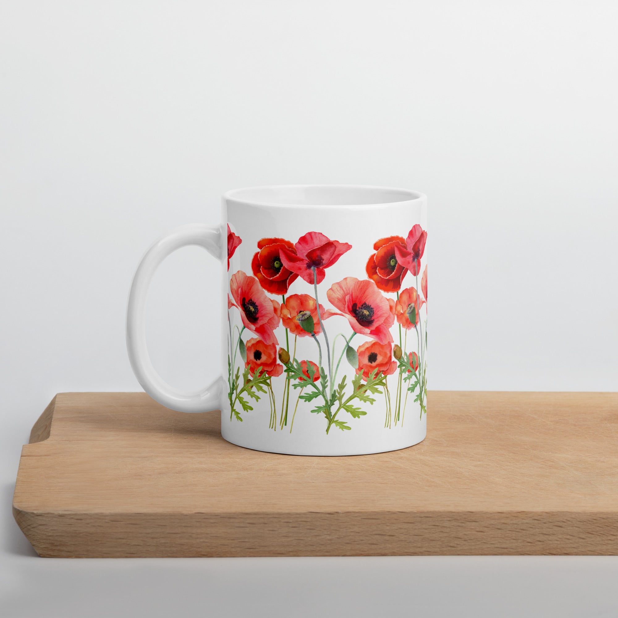 Pressed Red Poppies Flowers White ceramic glossy mug gift for Rememberance Day Veterans Day, gardener, florist Mother's Day