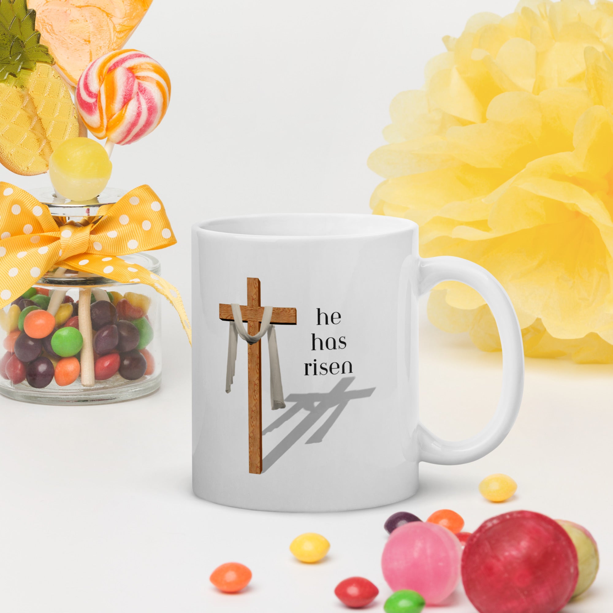 Easter Jesus He Has Risen Cross Ceramic White glossy mug