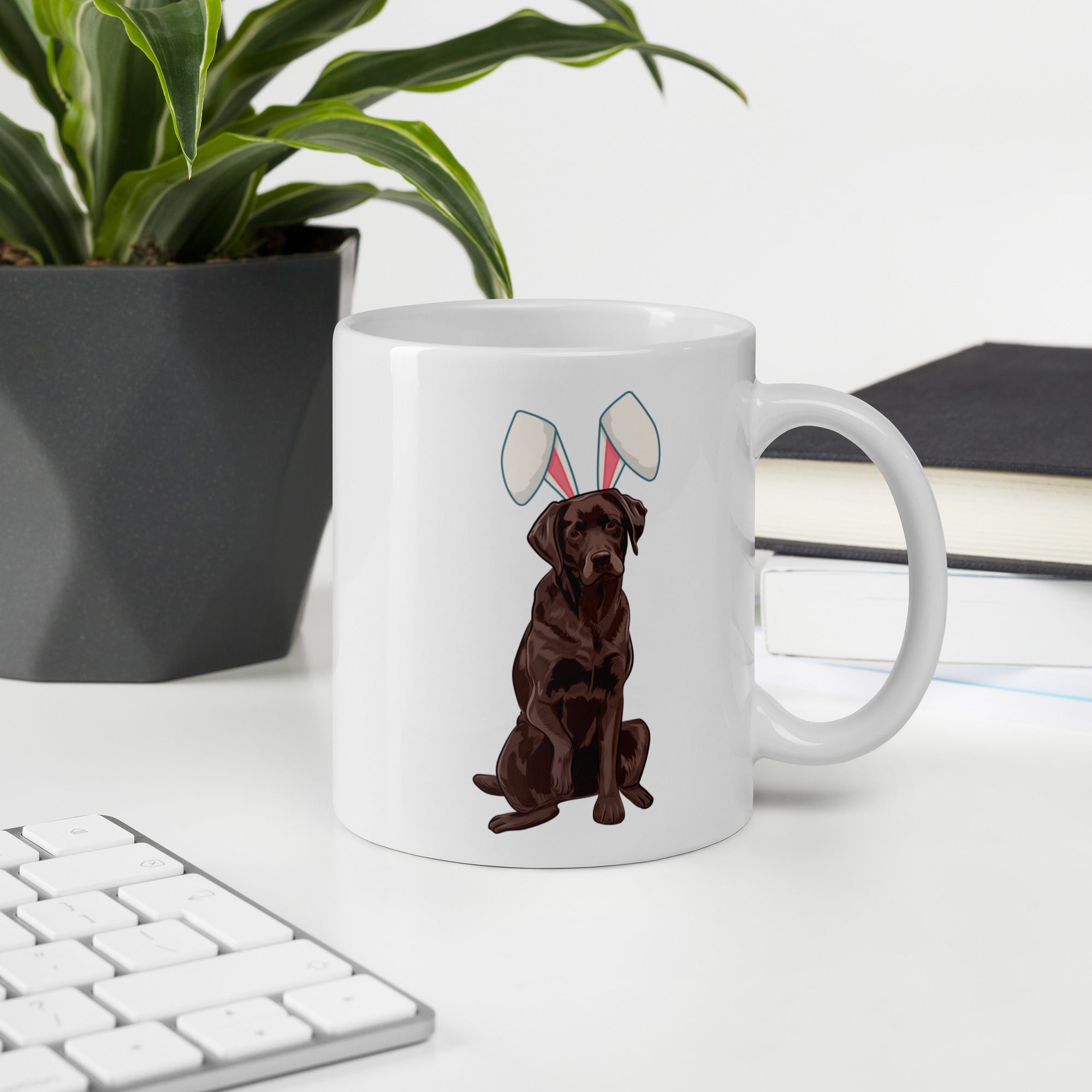 Chocolate Labrador Happy Easter Bunny White Ceramic glossy mug gift for Chocolate Lab Dog Owner Lover