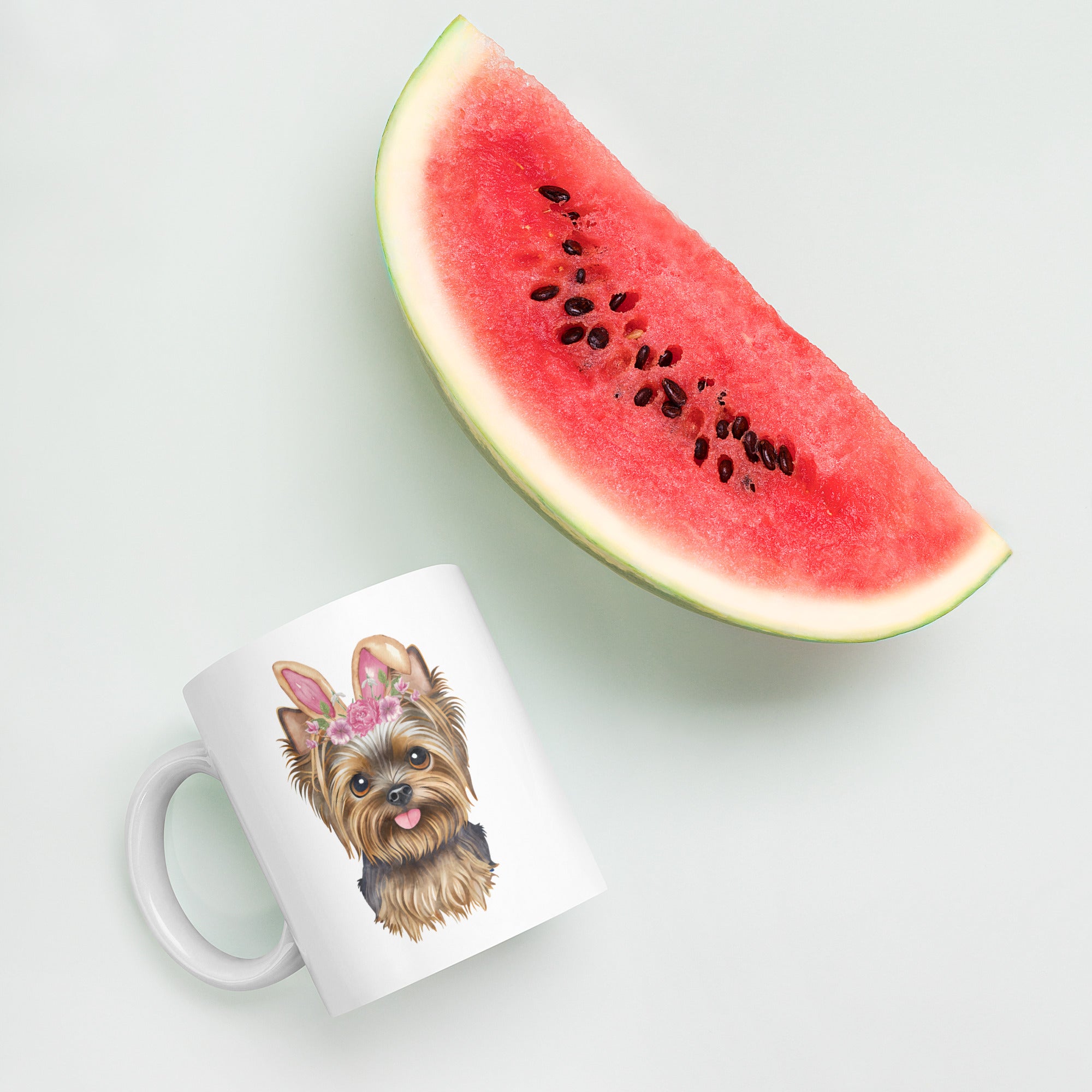 Yorkie Easter Bunny Ceramic White glossy mug gift for Yorkshire Terrier