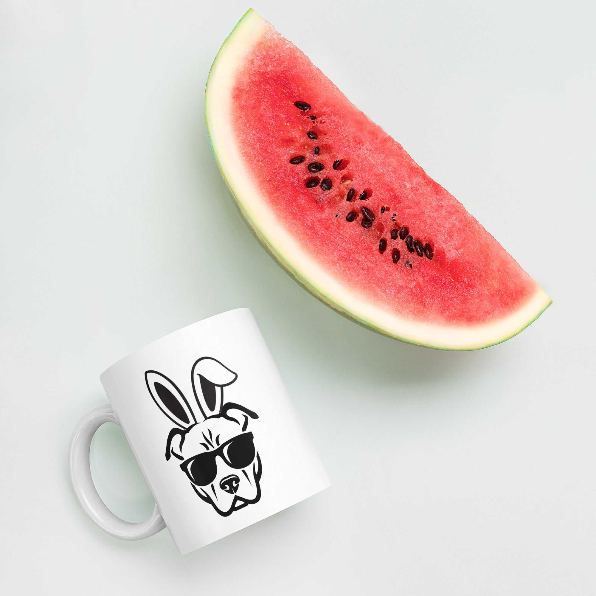 Pitbull in Sunglasses Easter Happy Easter Bunny White Ceramic Glossy Mug gift for Easter Pitbull Dog Lover