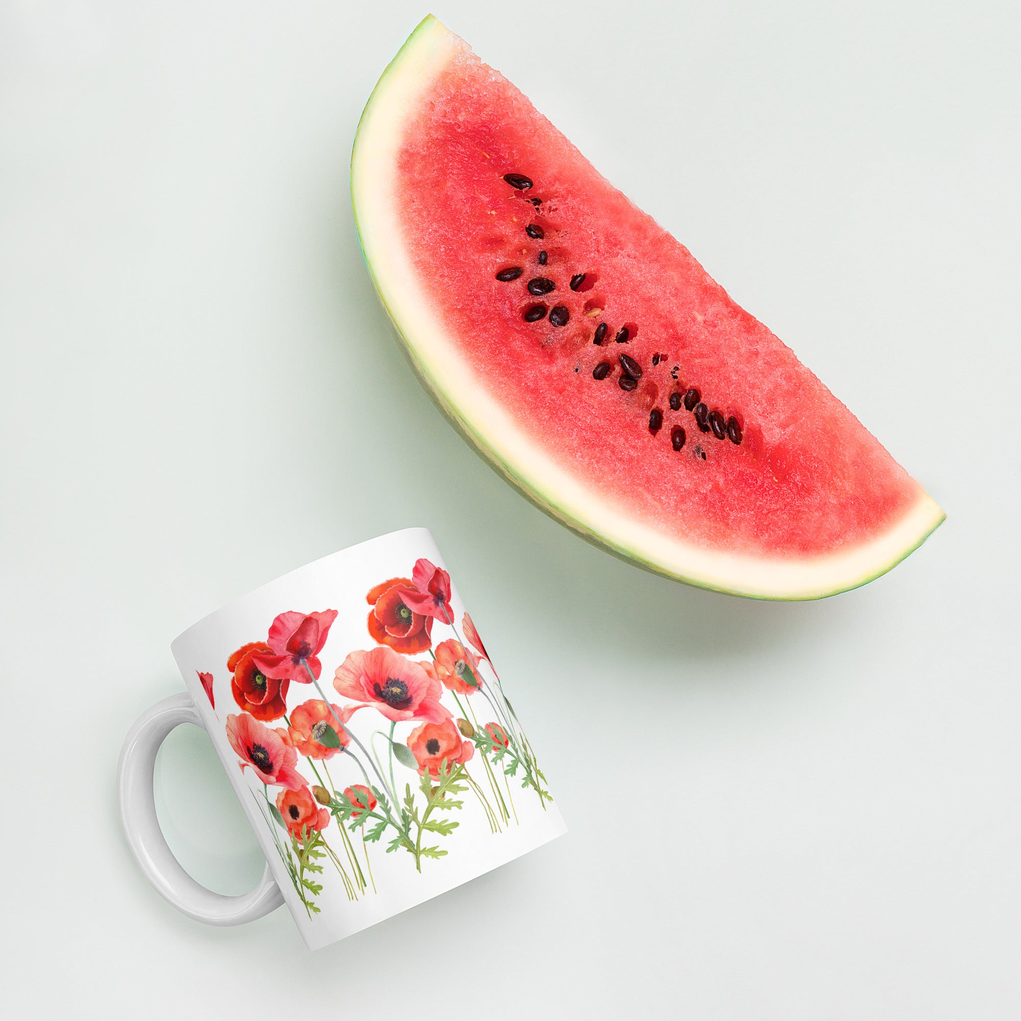 Pressed Red Poppies Flowers White ceramic glossy mug gift for Rememberance Day Veterans Day, gardener, florist Mother's Day