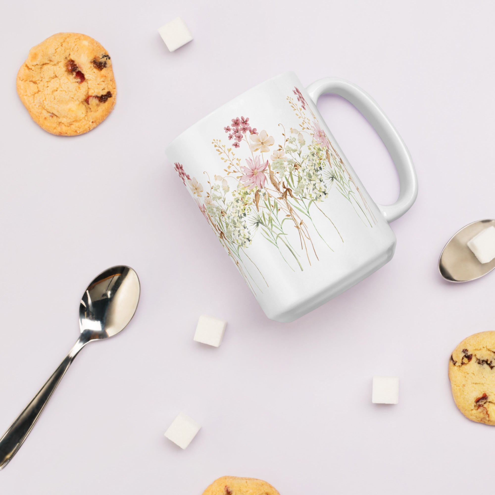 Pressed Pink Meadow Flowers Ceramic White Mug gift for gardeners, florists or Mother's Day