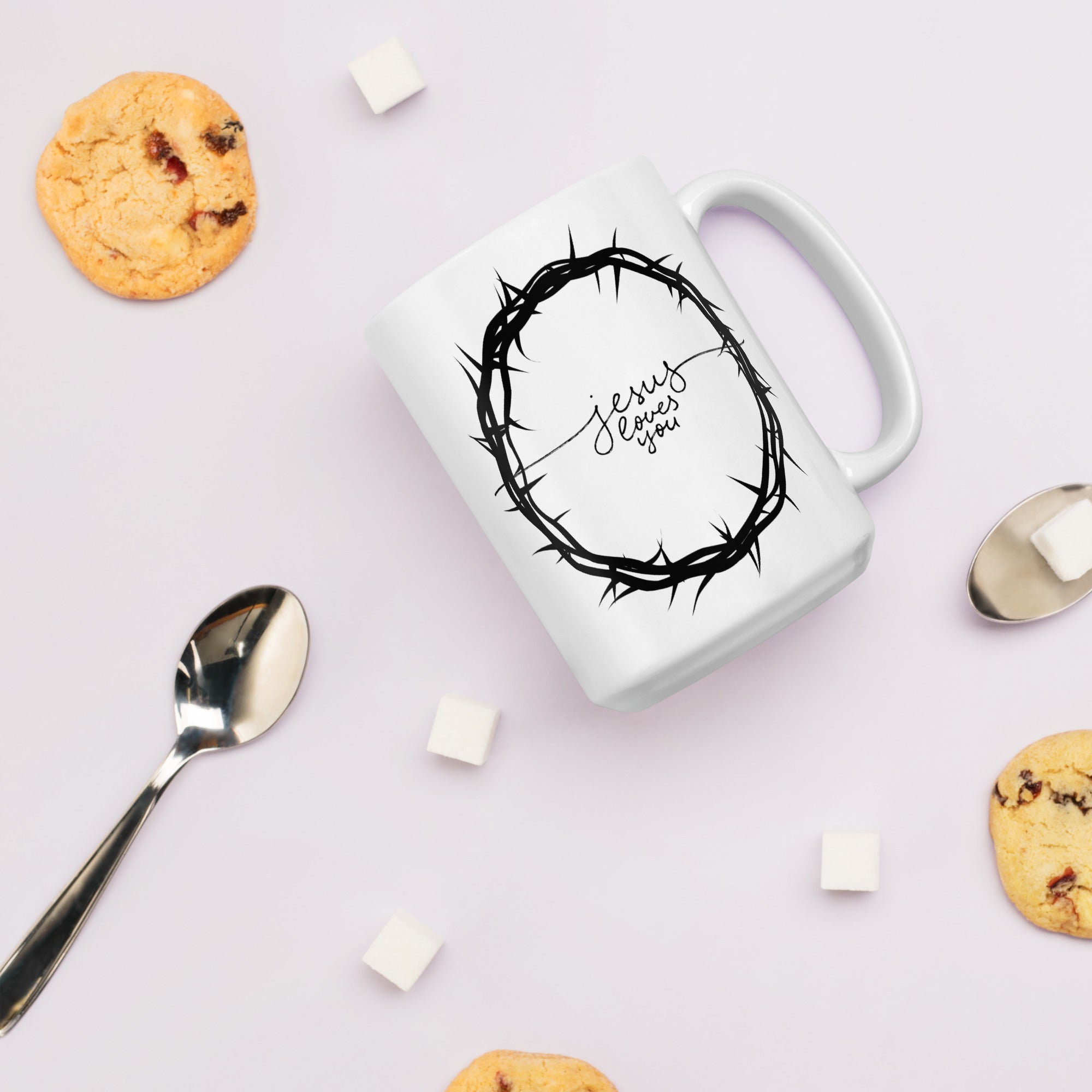 Crown of Thorns Jesus Loves You White ceramic glossy mug gift for Easter