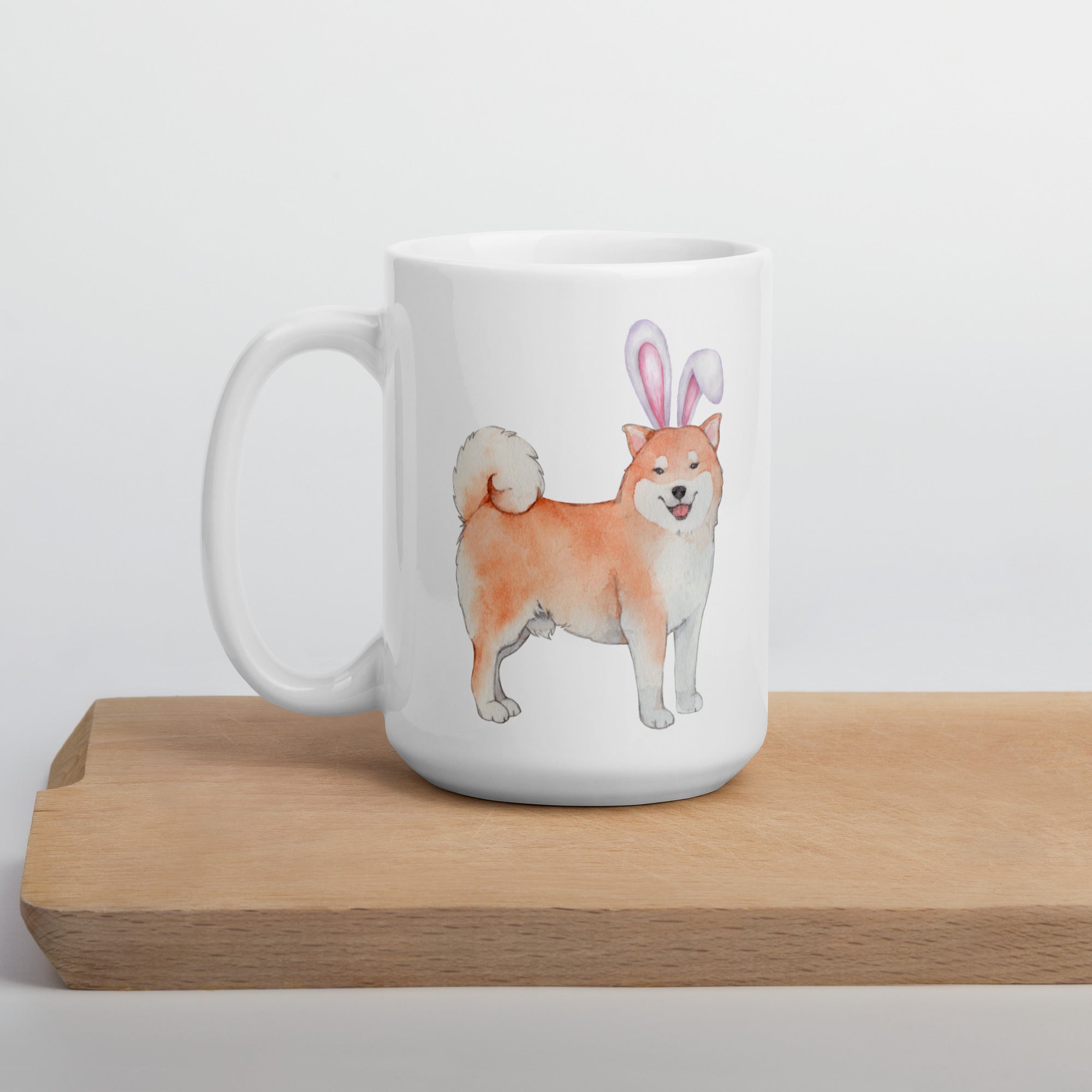 Shiba Inu Happy Easter Bunny White Ceramic glossy mug gift for Easter Shiba Inu Dog Lover