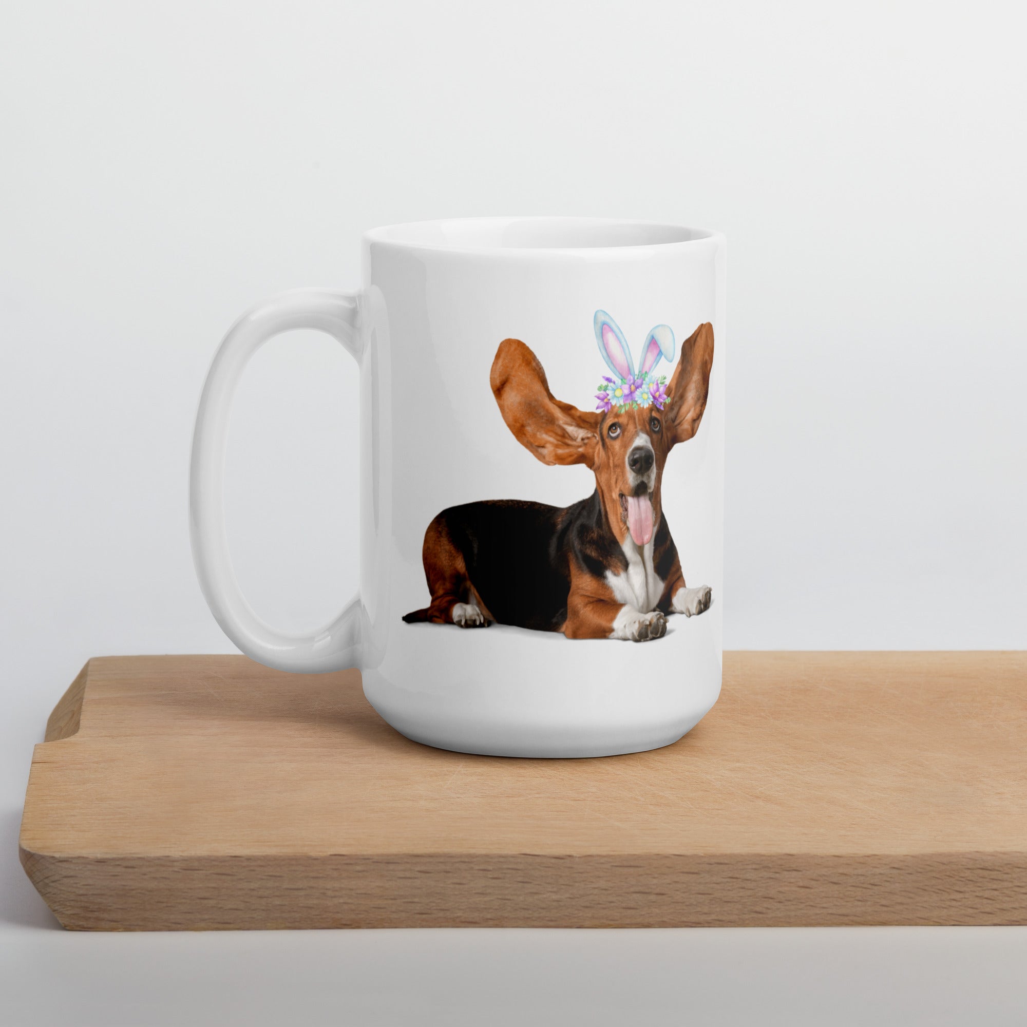 Funny Basset Hound Happy Easter Bunny White Ceramic glossy mug gift for Basset Hound Owner Lover