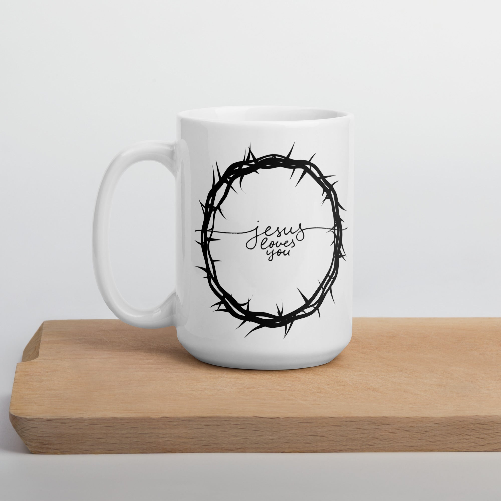 Crown of Thorns Jesus Loves You White ceramic glossy mug gift for Easter