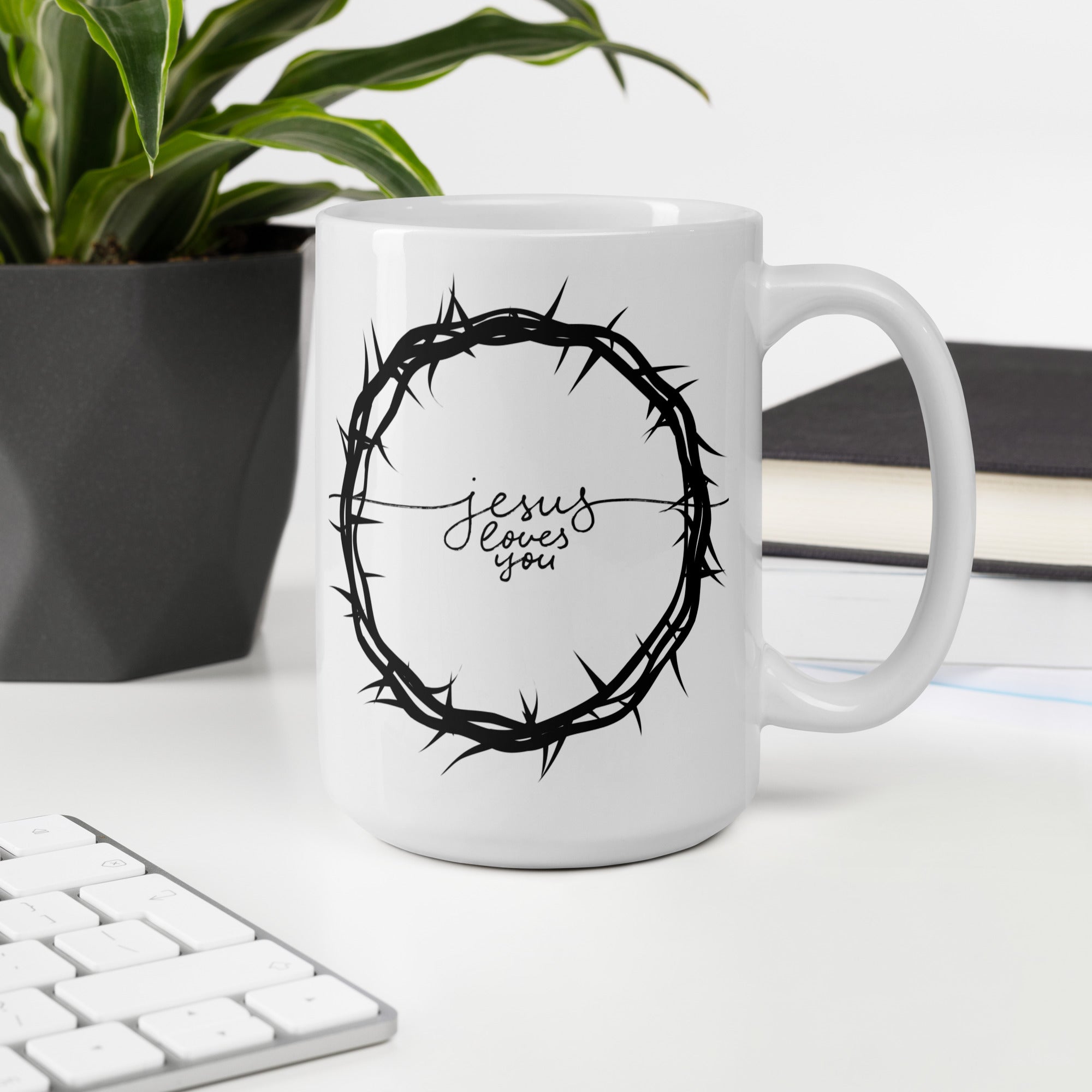 Crown of Thorns Jesus Loves You White ceramic glossy mug gift for Easter