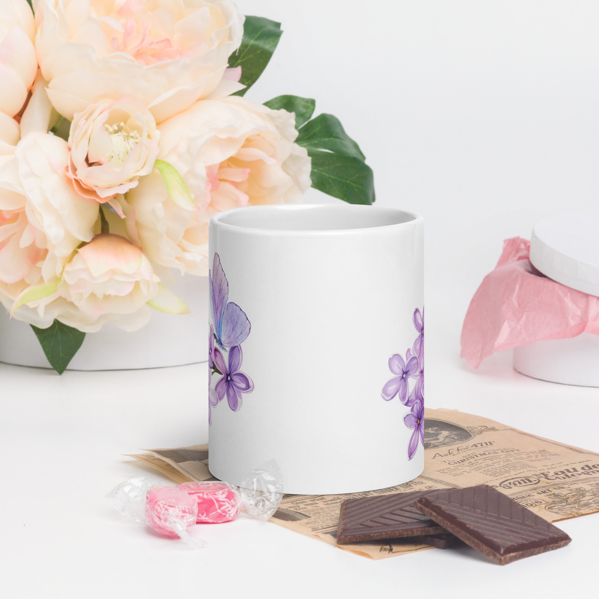 Purple Lilac Flowers Purple Butterfly White Ceramic Glossy Mug