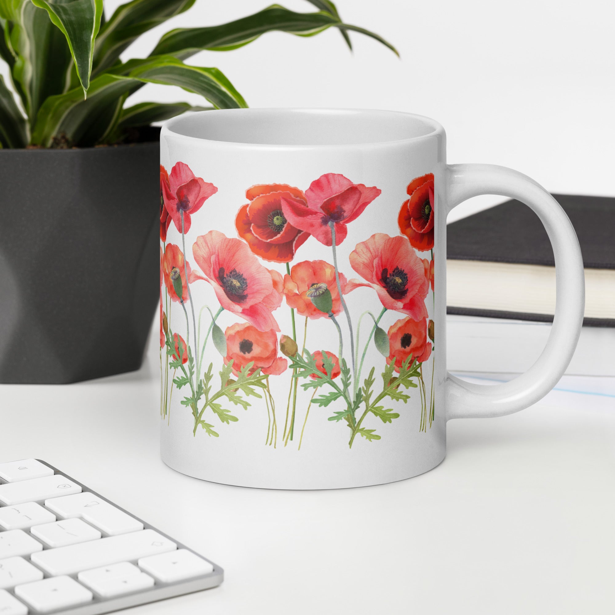 Pressed Red Poppies Flowers White ceramic glossy mug gift for Rememberance Day Veterans Day, gardener, florist Mother's Day