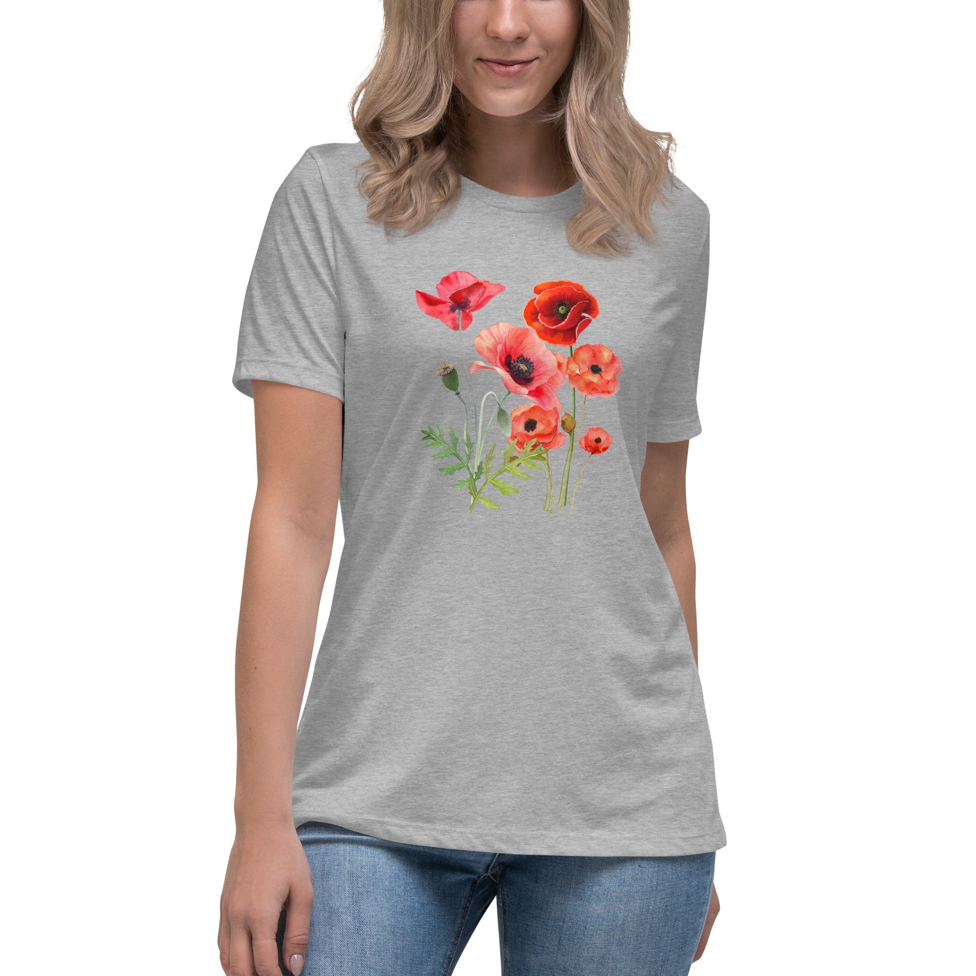 Pressed Red Poppies Flowers Women's Relaxed T-Shirt gift for Rememberance Day Veterans Day, gardener, florist Mother's Day