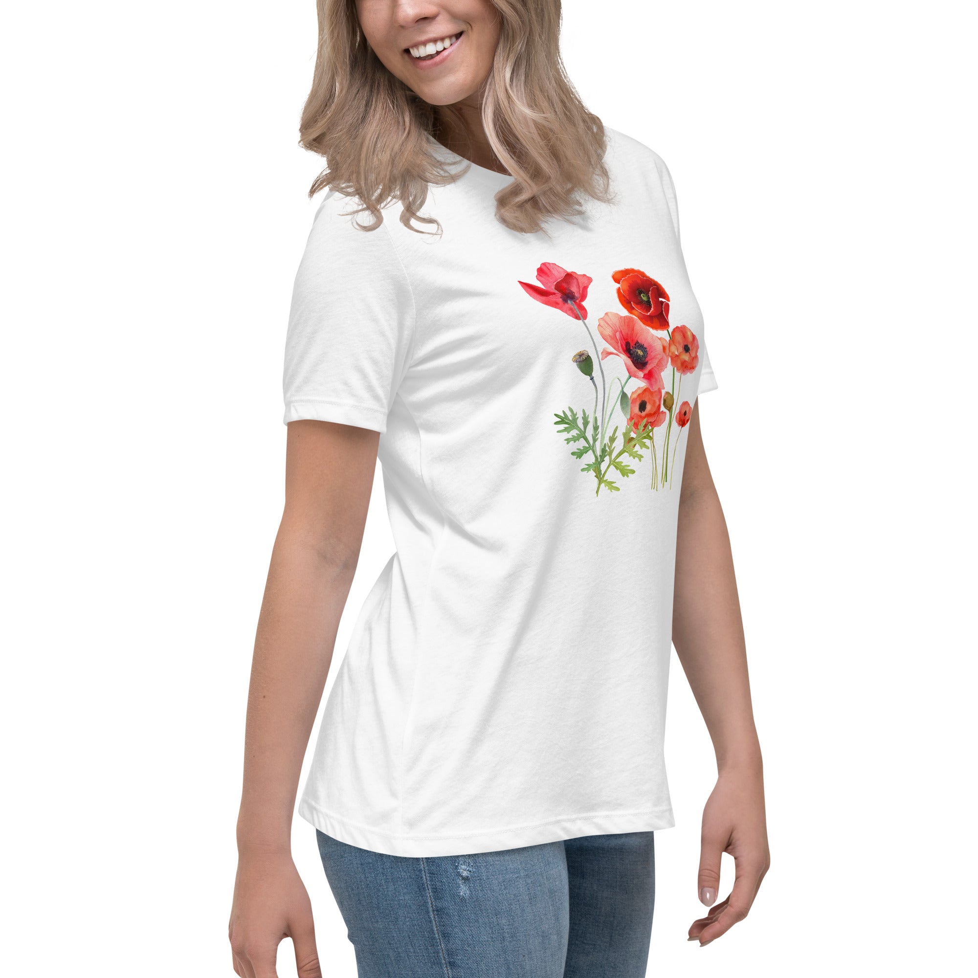 Pressed Red Poppies Flowers Women's Relaxed T-Shirt gift for Rememberance Day Veterans Day, gardener, florist Mother's Day