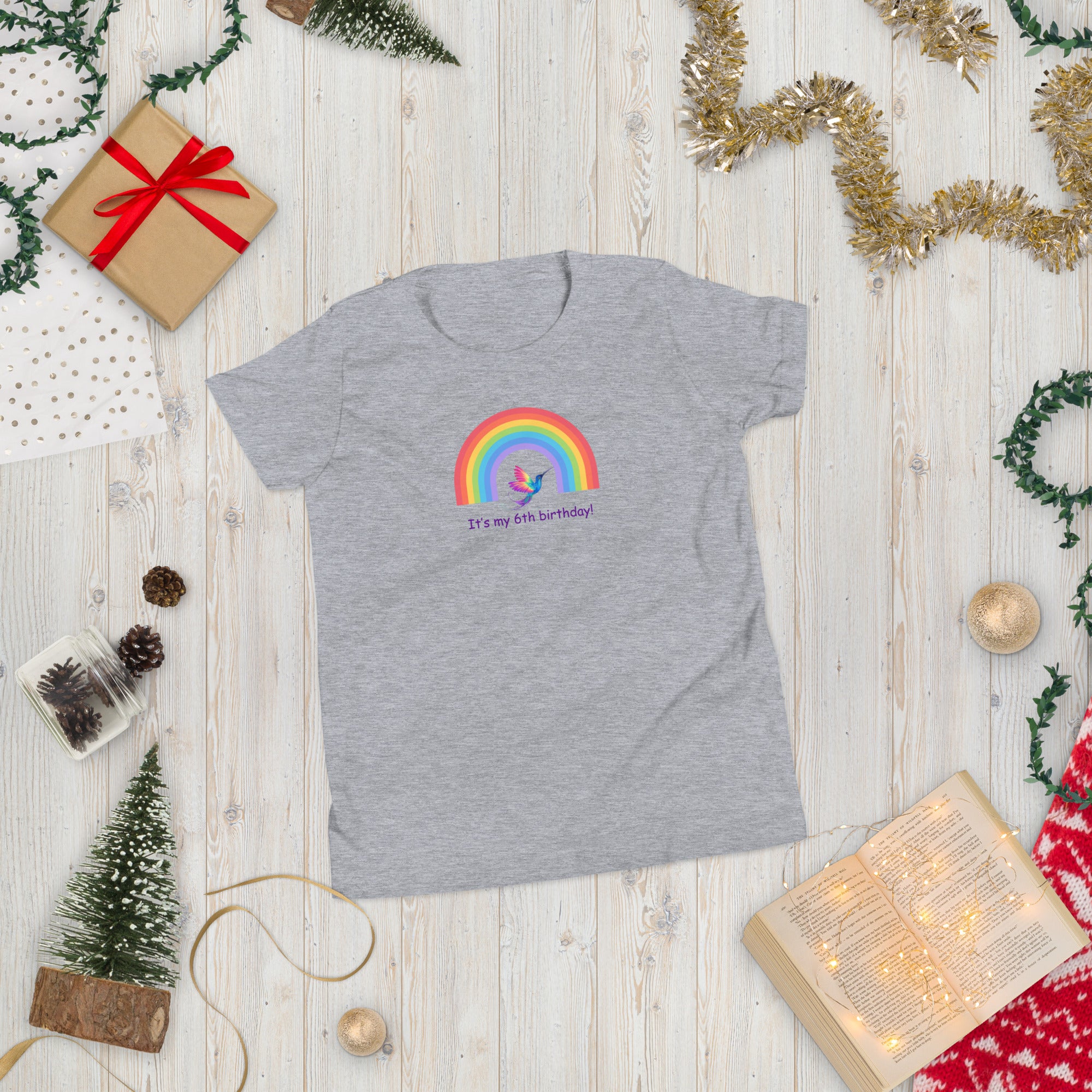 6 year old Rainbow Hummingbird Birthday Youth Short Sleeve T-Shirt 6th birthday gifts for girls boys 6 bday tshirt