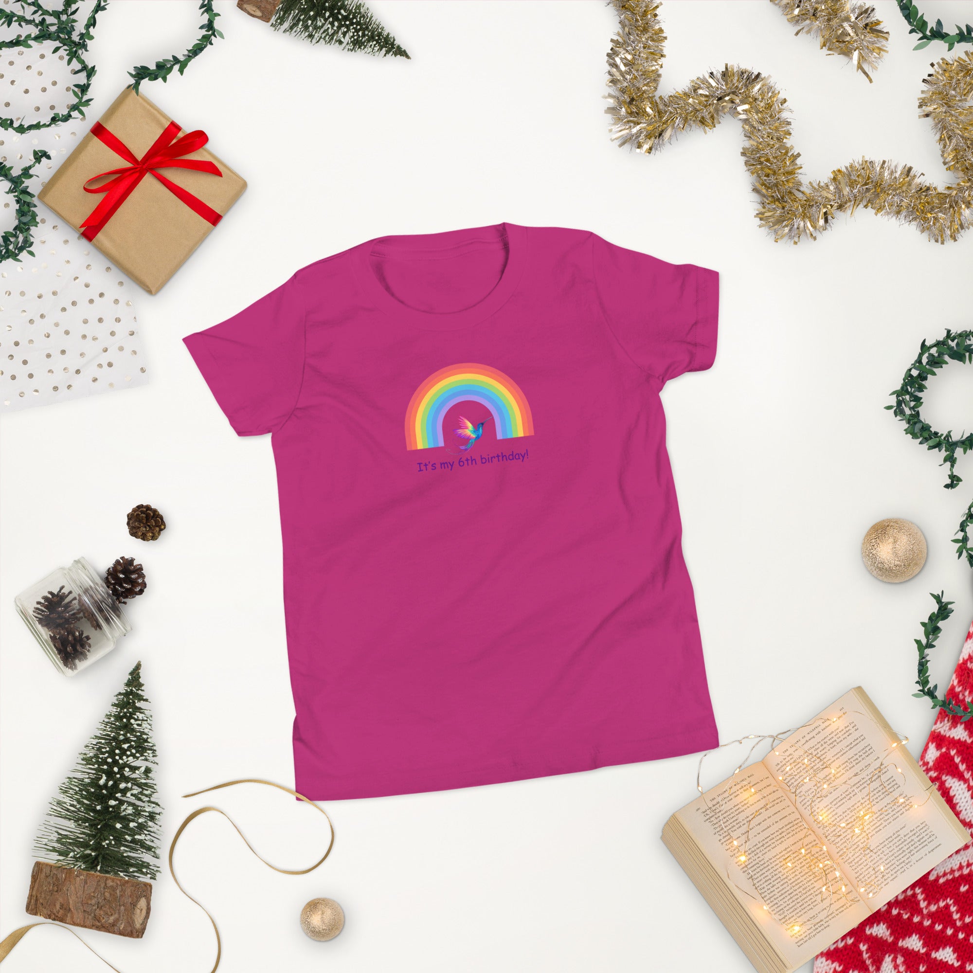 6 year old Rainbow Hummingbird Birthday Youth Short Sleeve T-Shirt 6th birthday gifts for girls boys 6 bday tshirt