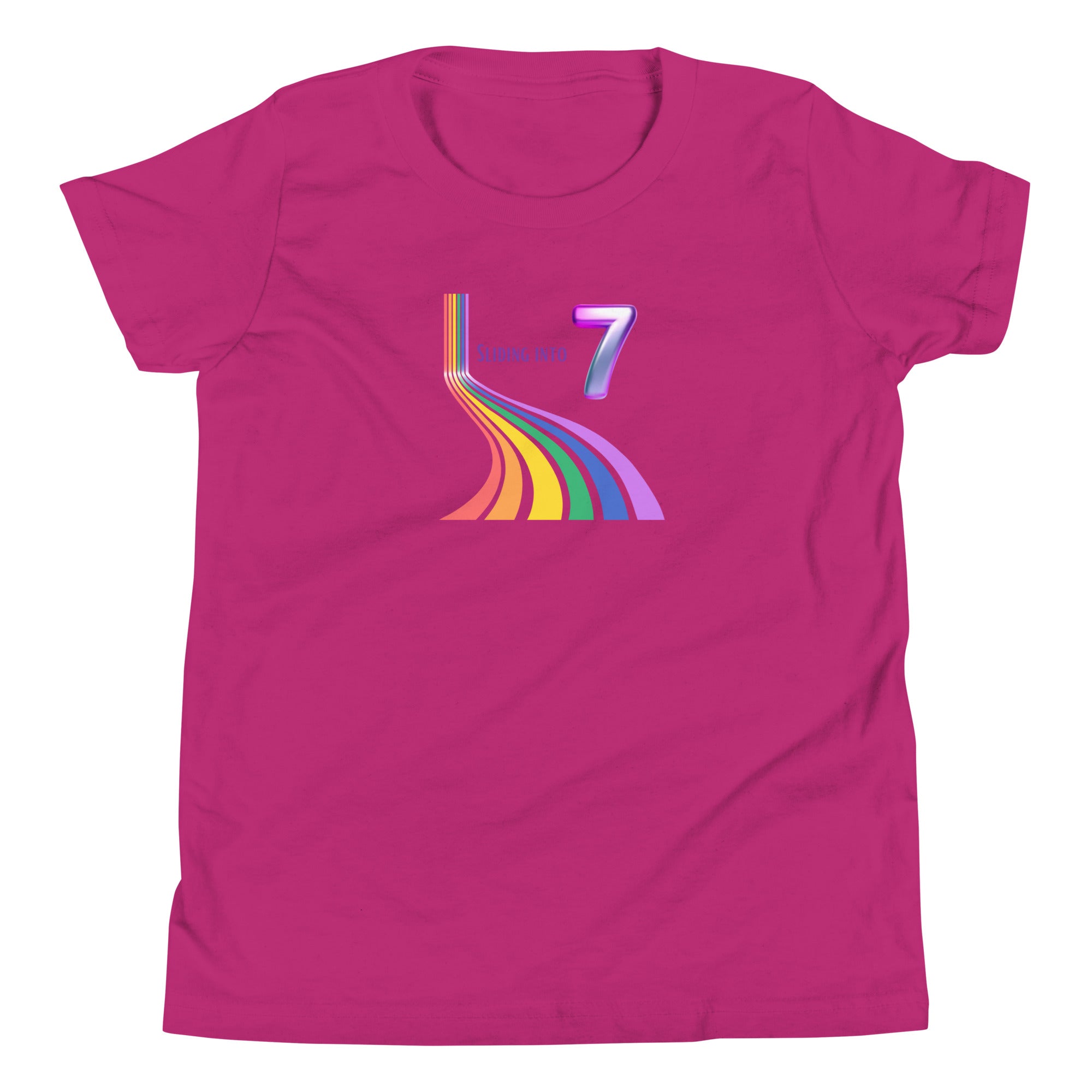 7 year old Rainbow Sliding into 7 Birthday Youth Short Sleeve T-Shirt 7th birthday gifts for girls boys 7 bday tshirt