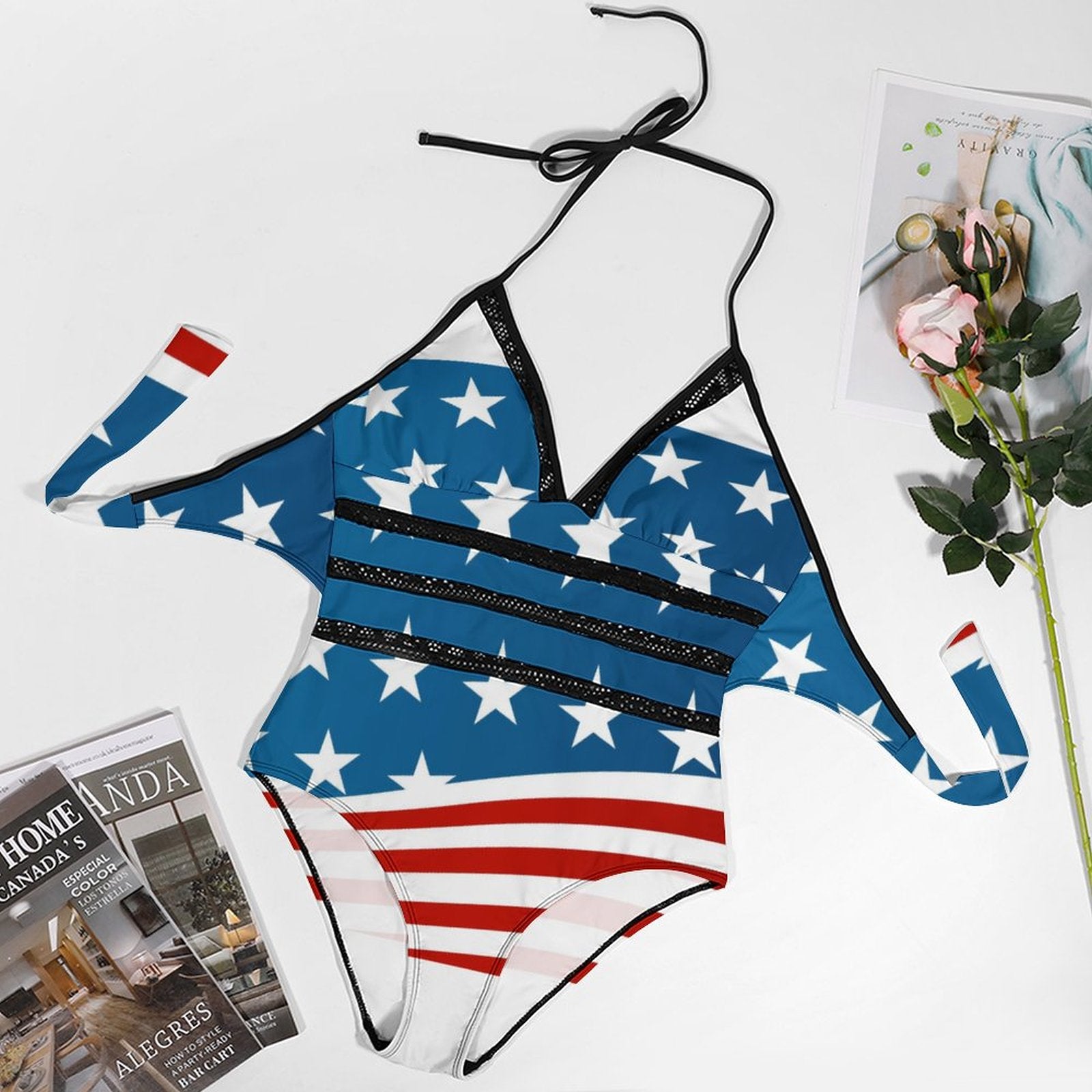 Patriotic American Flag Women's Halter One-Piece Swimsuits