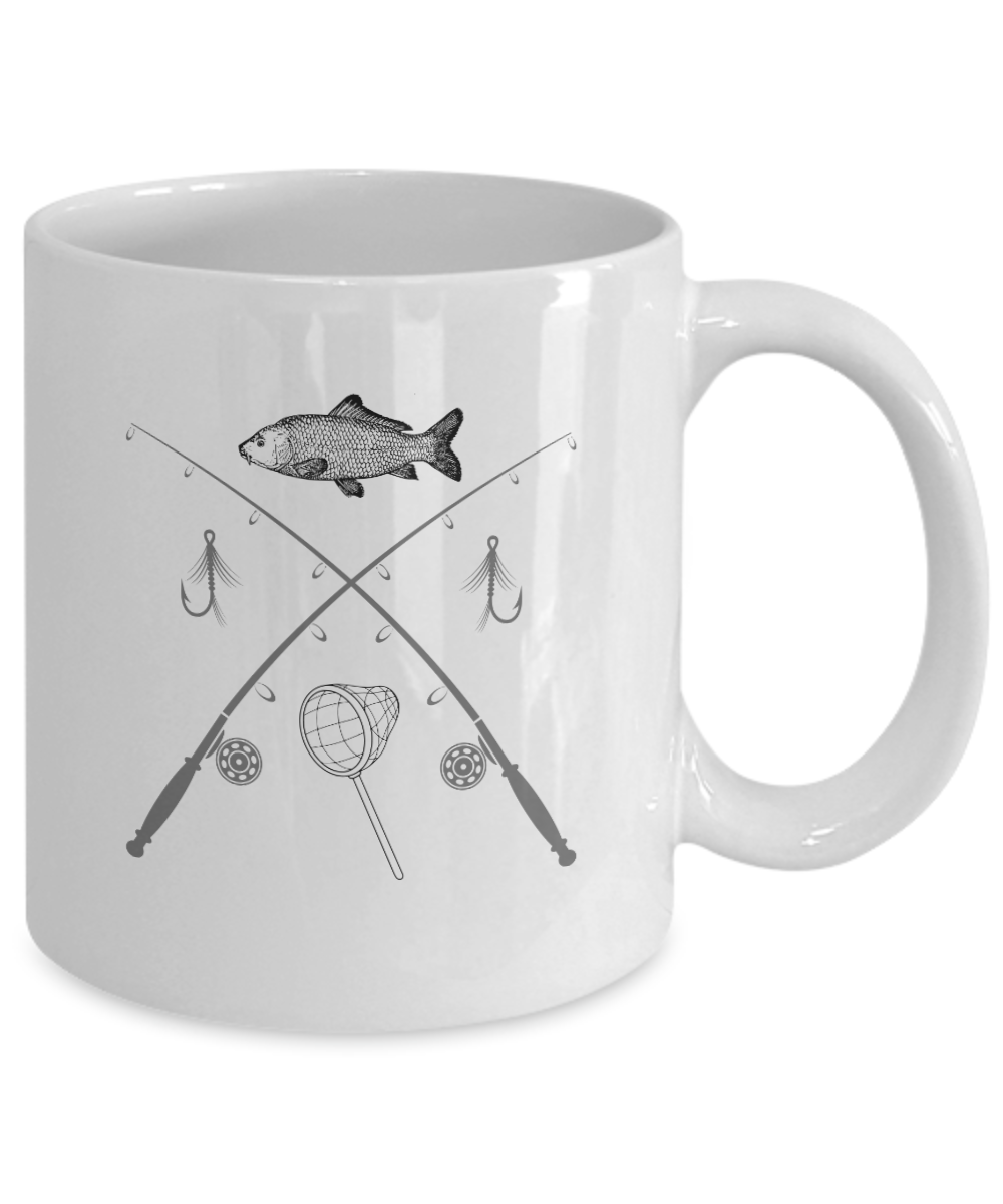 Fishing Fish Rods Lures and Net Ceramic White Mug gift for fisher