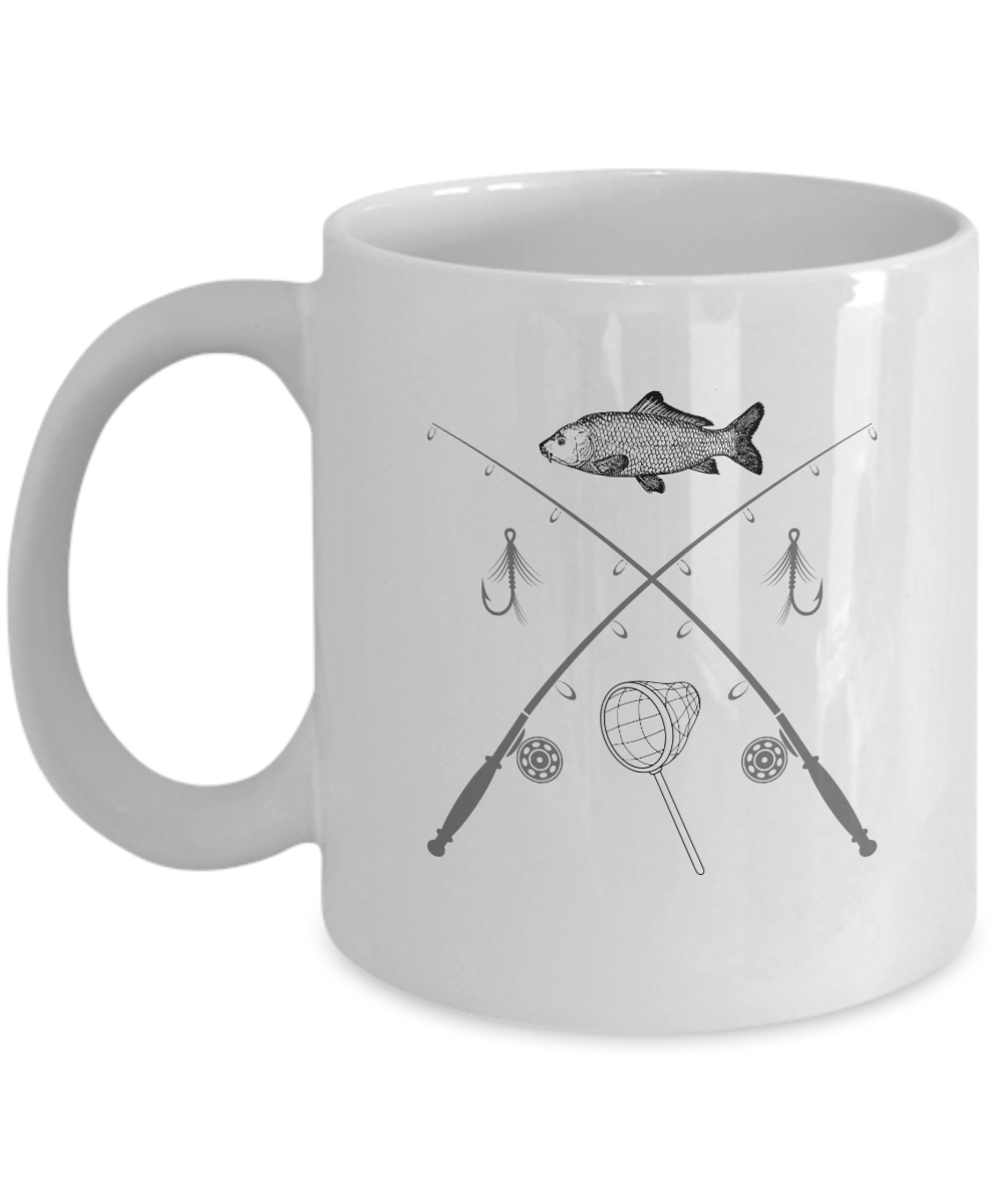 Fishing Fish Rods Lures and Net Ceramic White Mug gift for fisher