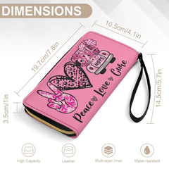 Peace Love Cure Breast Cancer Awareness Ribbon Pink Leather Wallet with Wristlet Strap