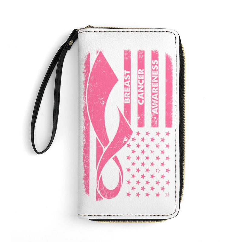 Breast Cancer Awareness Robbon Leather Wallet with Wristlet Strap