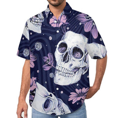 Skull and Flowers Hawaiian Slubbed Fabric Short Sleeve Shirt with Pocket