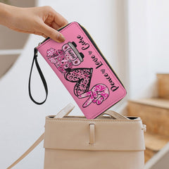 Peace Love Cure Breast Cancer Awareness Ribbon Pink Leather Wallet with Wristlet Strap