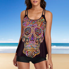 Women's Day of the Dead Skull Tankini Two Piece Swimsuit