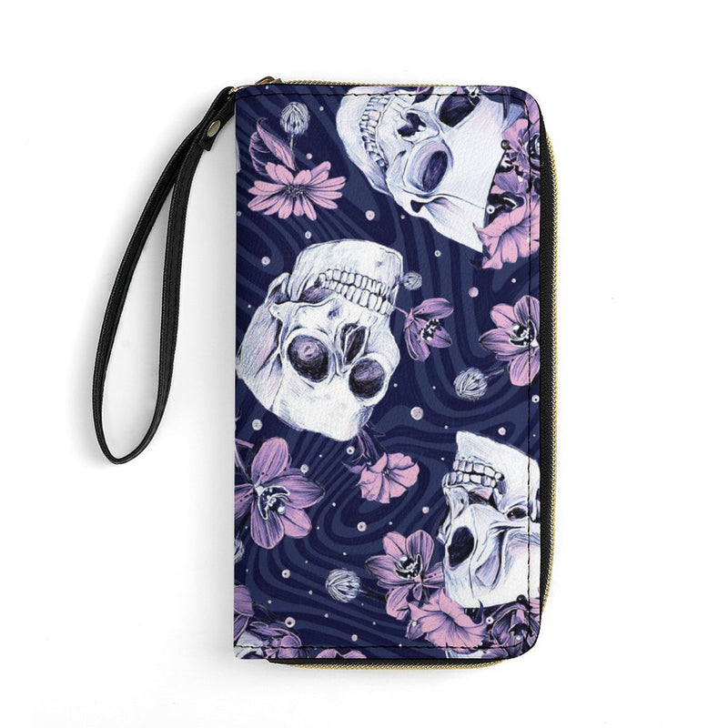 Skull and Flower PU Leather Wallet with Wristlet Strap