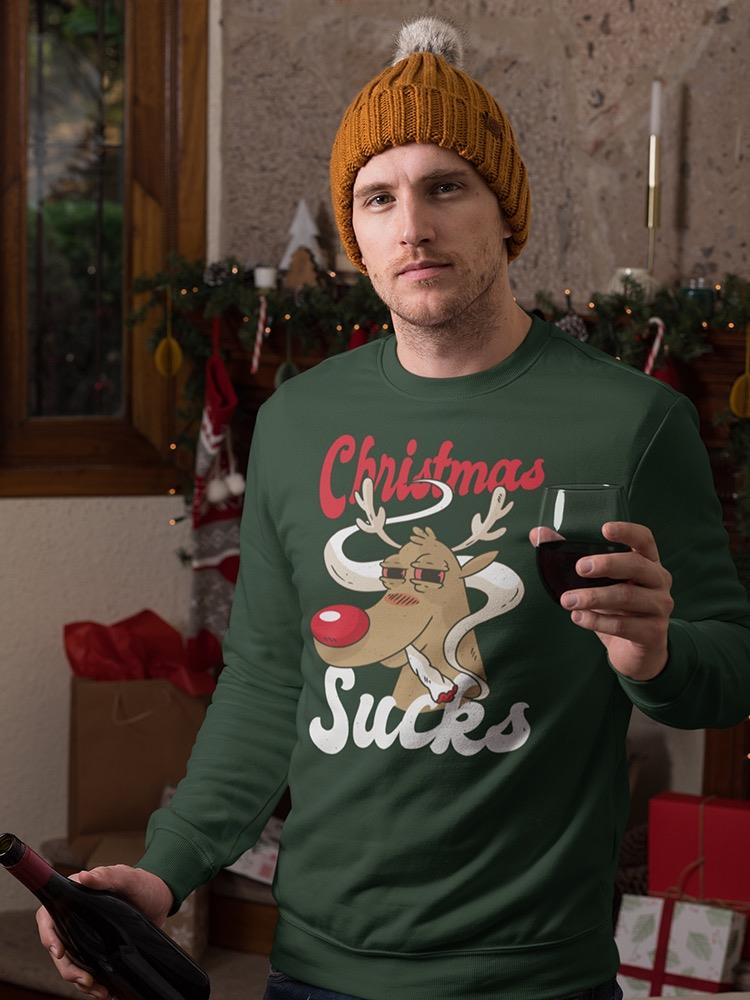 Christmas Sucks Men's Sweatshirt - Funny Holiday Reindeer Smoking Design | Cozy Cotton/Poly Blend