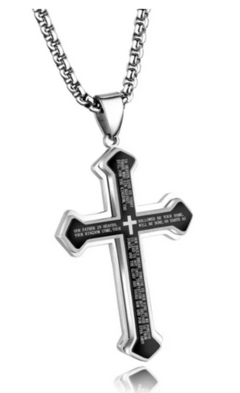 Mens Bible Verse Cross Necklace - Stainless Steel, Christian Jewelry, Multiple Colors