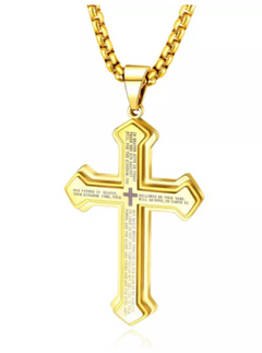 Mens Bible Verse Cross Necklace - Stainless Steel, Christian Jewelry, Multiple Colors