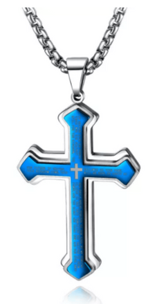 Mens Bible Verse Cross Necklace - Stainless Steel, Christian Jewelry, Multiple Colors