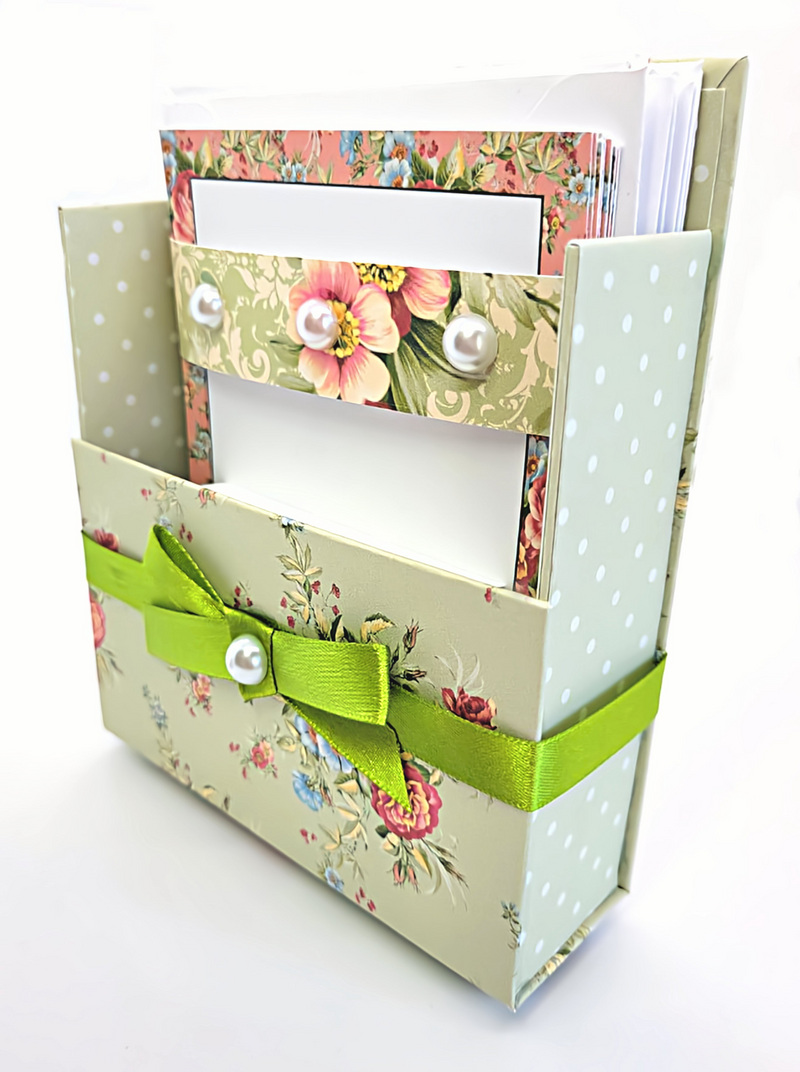 Elegant 42-Piece Stationery Gift Box Set with Reusable Desktop Organizer and Gold Pen - Coral Pink & Sage Green Floral