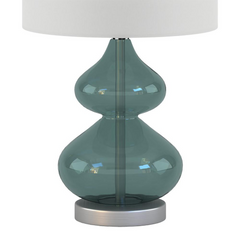 Ellipse Table Lamp Set Of 2 - Elegant Blue Glass Base with White Drum-Shaped Shade | Stylish Home Lighting