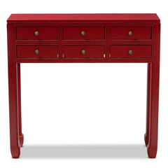 Elegant Antique Red Finished 6-Drawer Console Table with Bronze Accents | Stylish Entryway Storage