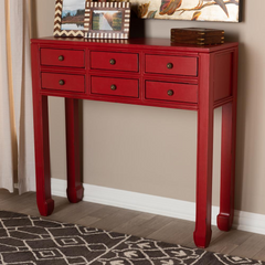 Elegant Antique Red Finished 6-Drawer Console Table with Bronze Accents | Stylish Entryway Storage