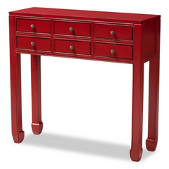 Elegant Antique Red Finished 6-Drawer Console Table with Bronze Accents | Stylish Entryway Storage