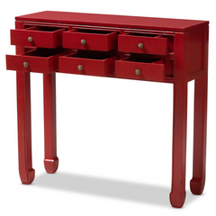 Elegant Antique Red Finished 6-Drawer Console Table with Bronze Accents | Stylish Entryway Storage