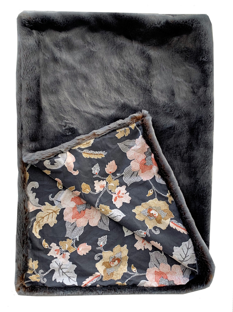 Two Tone Gray/Amber Handmade Luxury Throw with Elegant Floral Backing | Cozy & Sophisticated